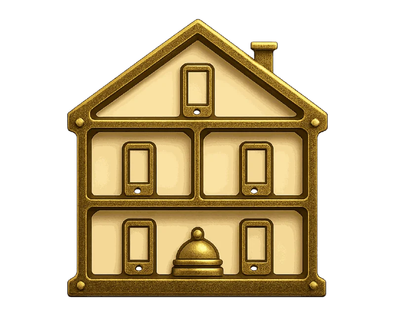 A brass house cut away into rooms, with a phone in each room and a bell in the middle