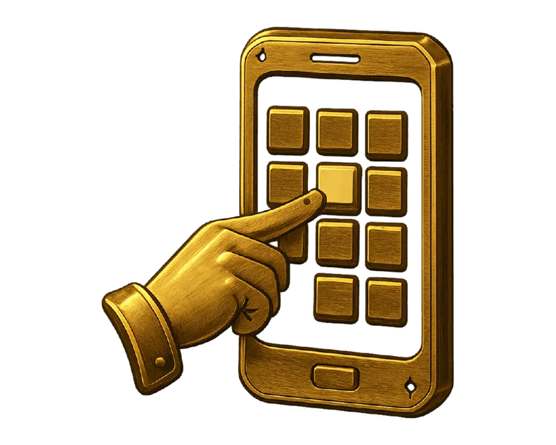 A brass hand tapping the keypad of a brass phone